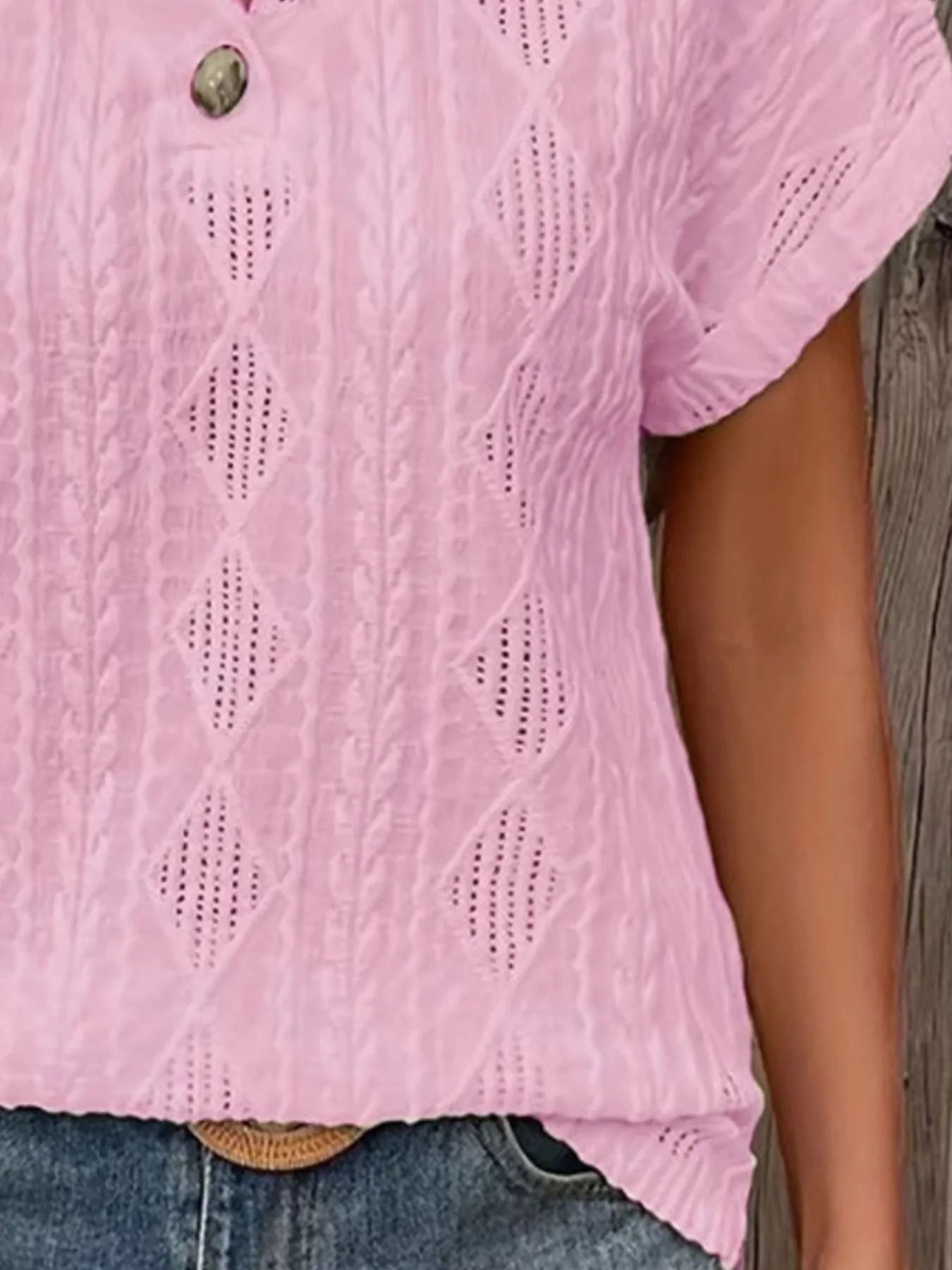 Textured V - Neck Short Sleeve Top