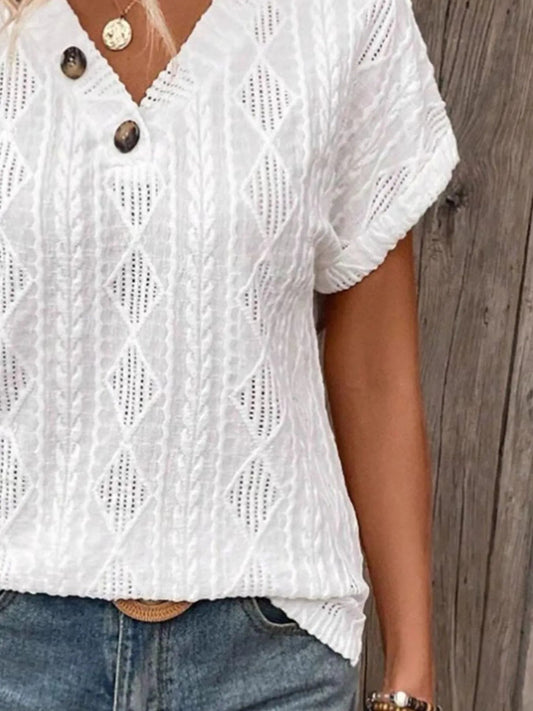 Textured V - Neck Short Sleeve Top
