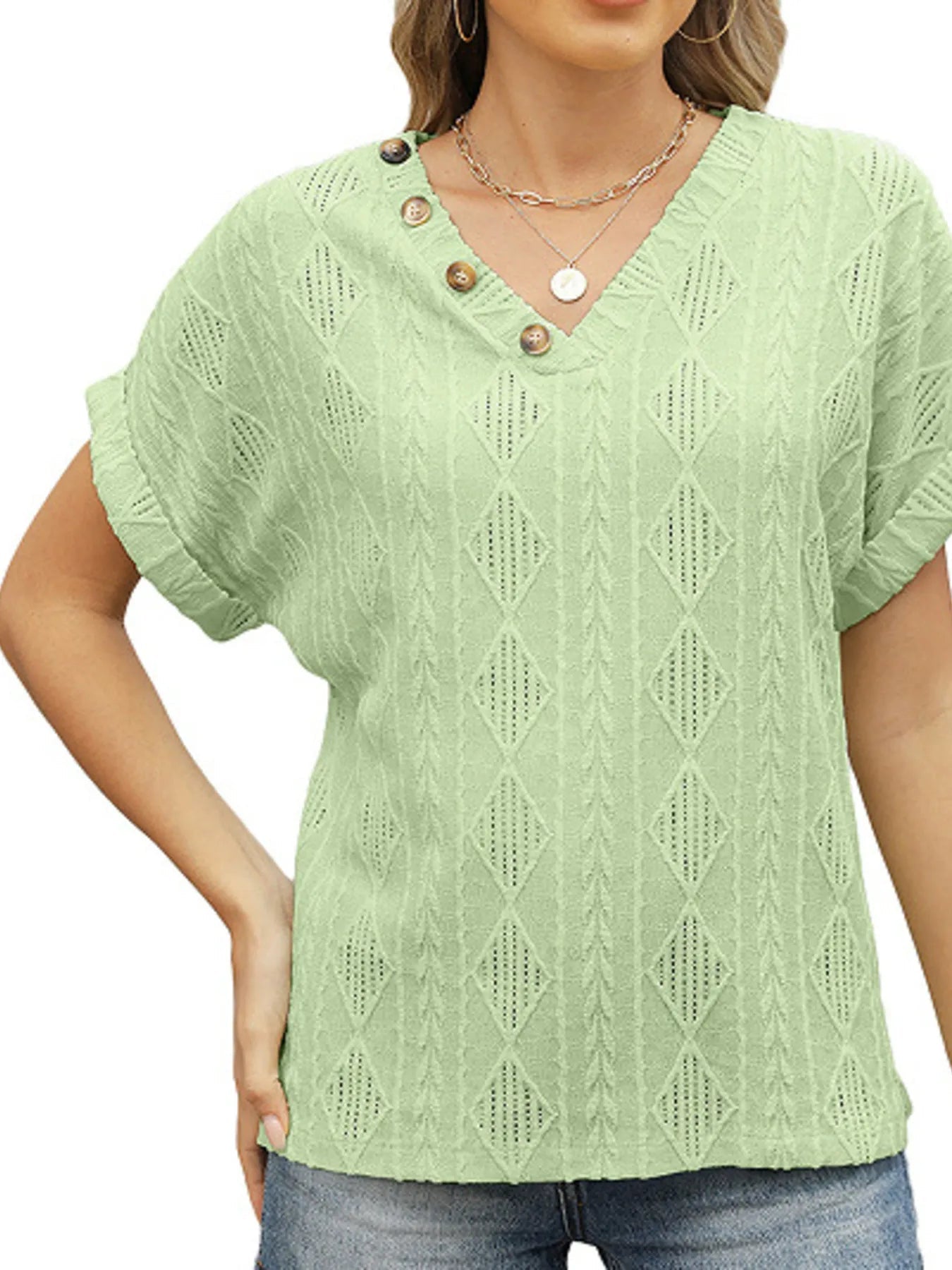 Textured V - Neck Short Sleeve Top