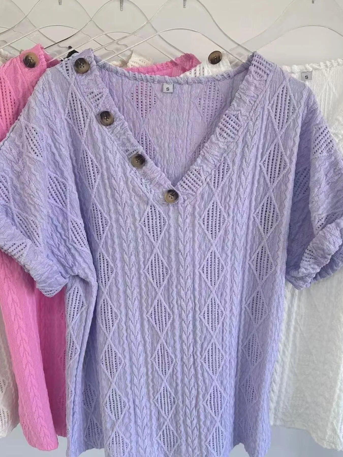 Textured V - Neck Short Sleeve Top