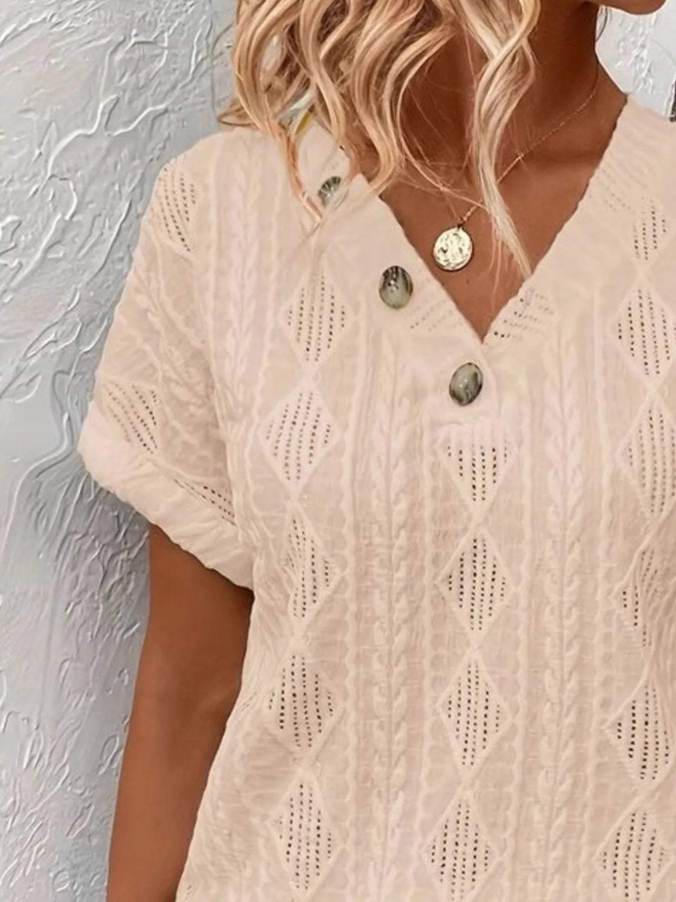 Textured V - Neck Short Sleeve Top