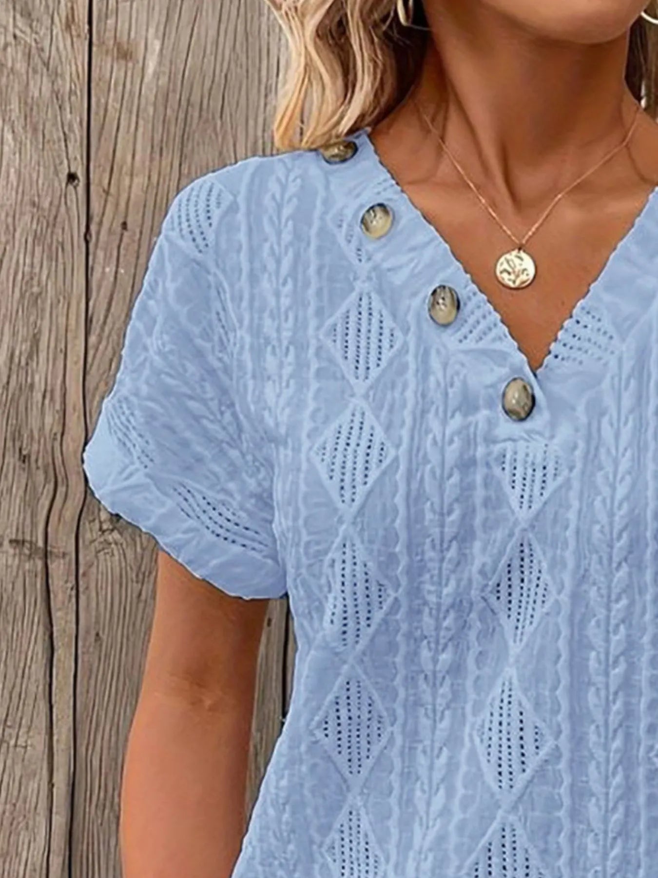 Textured V - Neck Short Sleeve Top