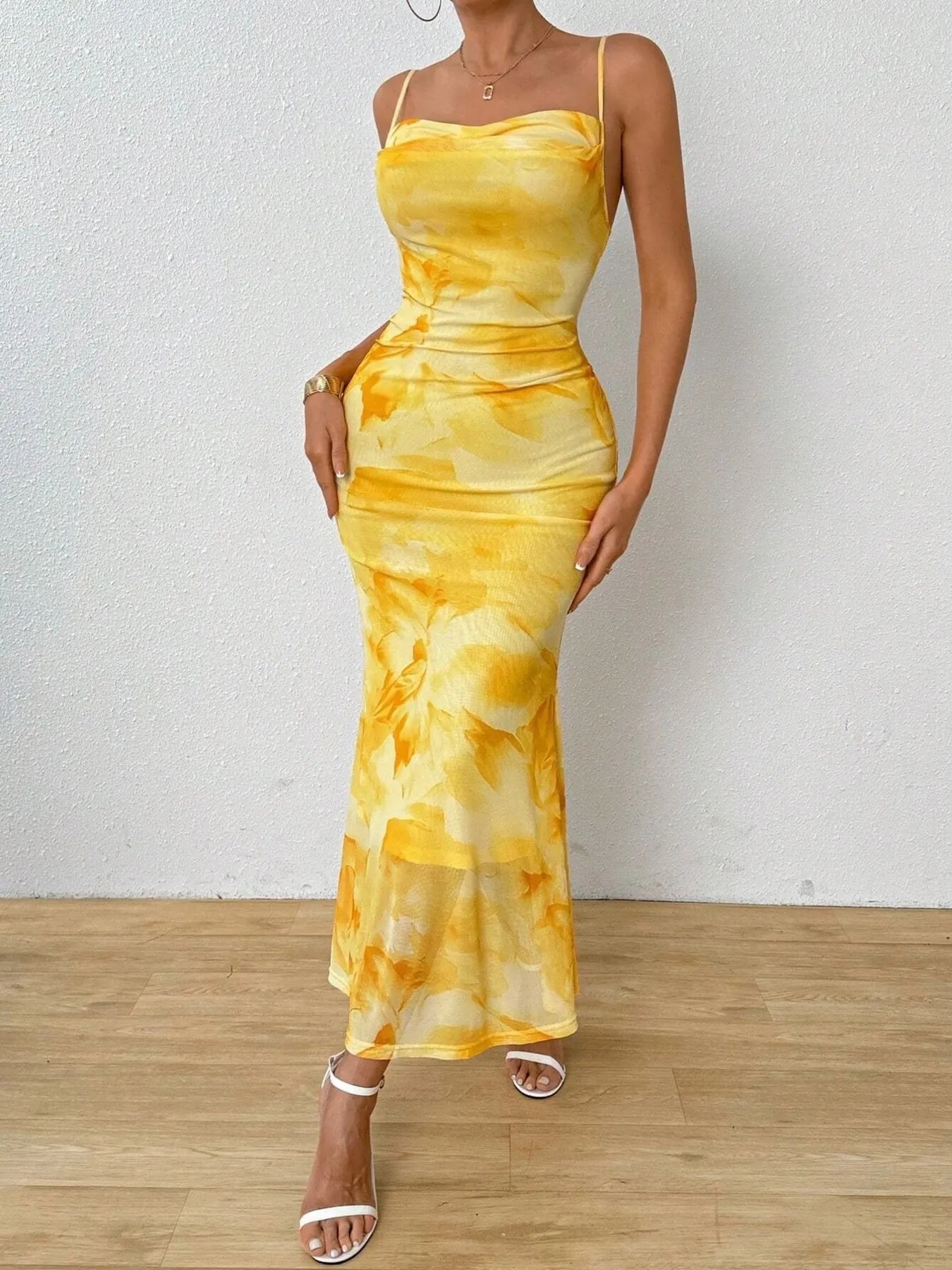 Tie - Dye Ruched Bodycon Mesh Cami Maxi Dress