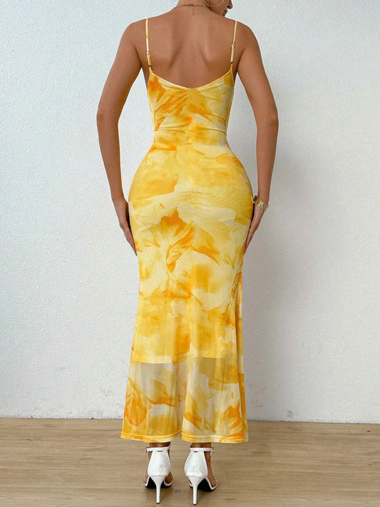 Tie - Dye Ruched Bodycon Mesh Cami Maxi Dress