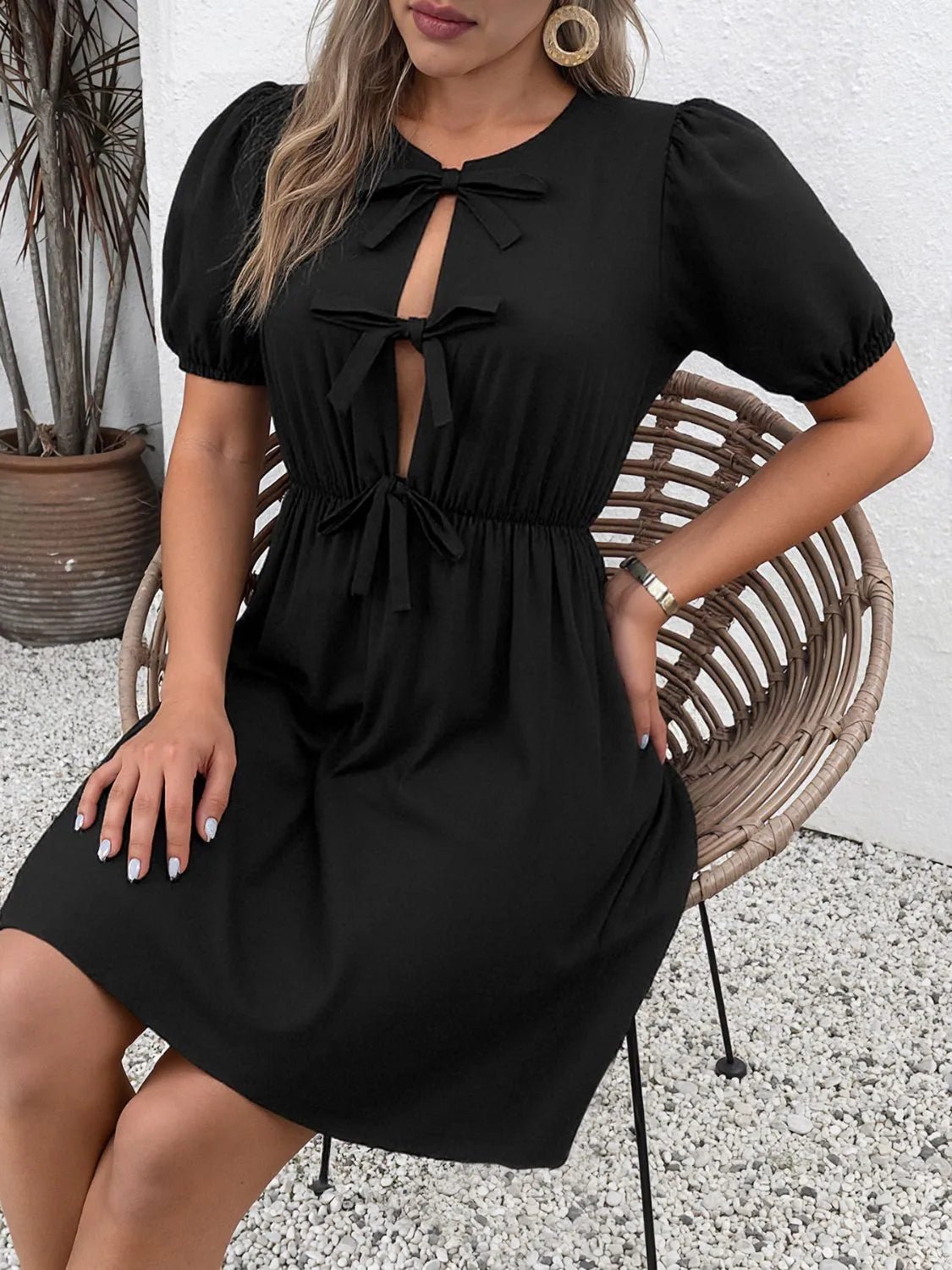 Tie Front Puff Sleeve Mini Dress