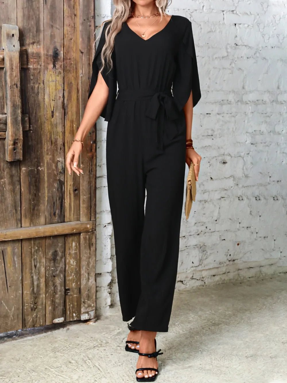 Tied V - Neck Half Sleeve Wide Leg Jumpsuit