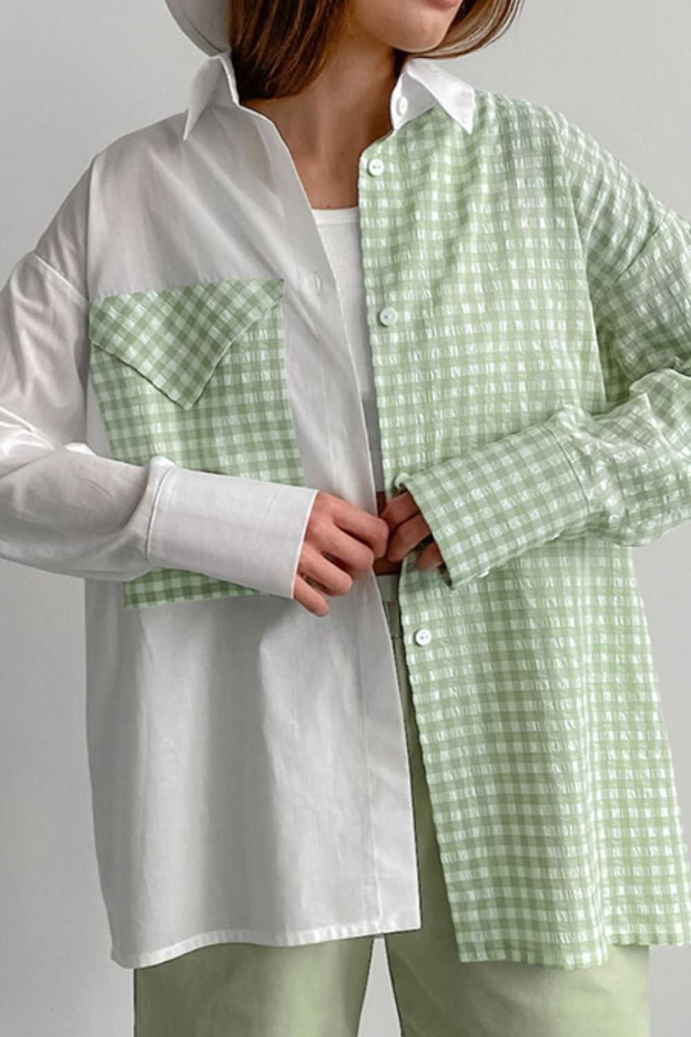 Two - Tone Plaid Button Down Long Sleeve Shirt