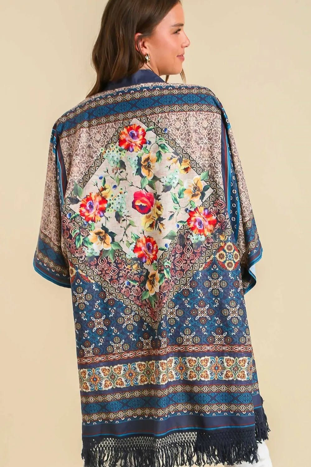 Umgee Full Size Fringe Hem Open Front Printed Kimono Sleeve Cover - Up Plus Size