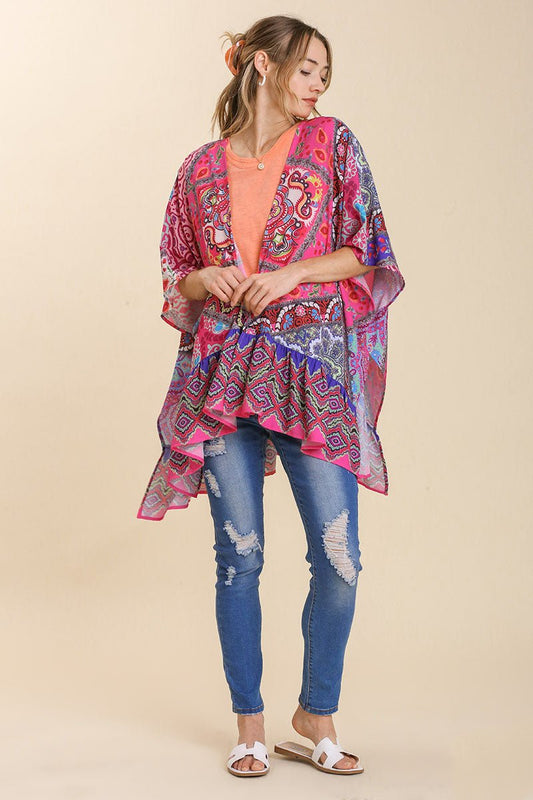 Umgee Full Size Mixed Print Ruffle Hem Open Front Cover Up Plus Size - Classique Collection