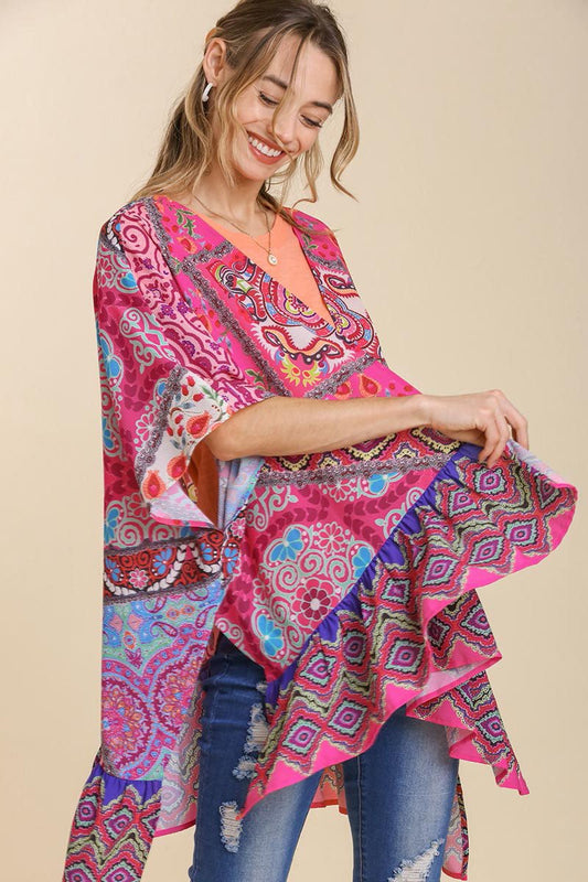 Umgee Full Size Mixed Print Ruffle Hem Open Front Cover Up Plus Size - Classique Collection