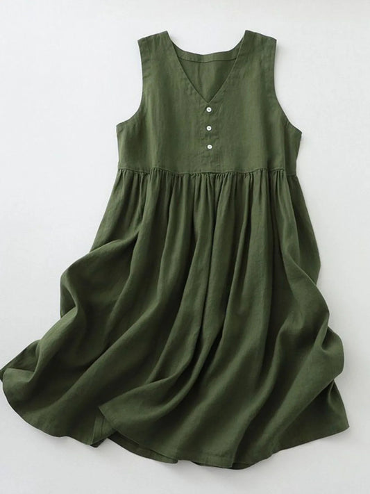 V - Neck Button Detail Sleeveless Midi Dress
