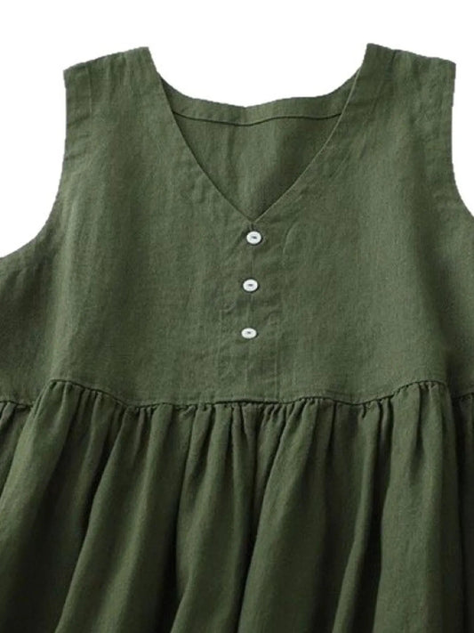 V - Neck Button Detail Sleeveless Midi Dress