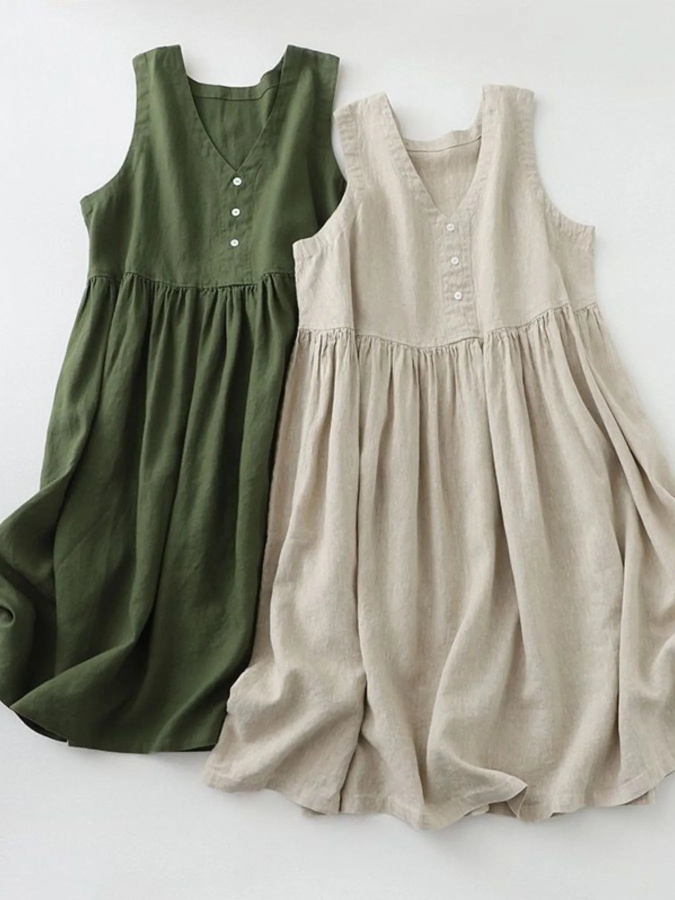 V - Neck Button Detail Sleeveless Midi Dress