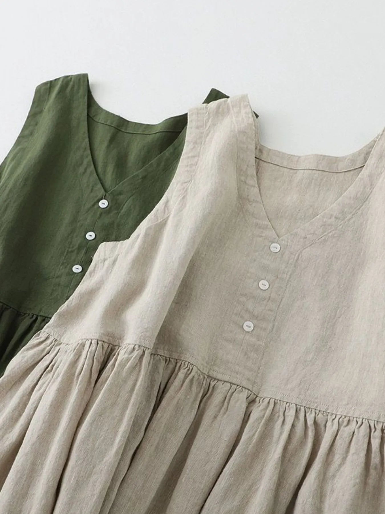 V - Neck Button Detail Sleeveless Midi Dress