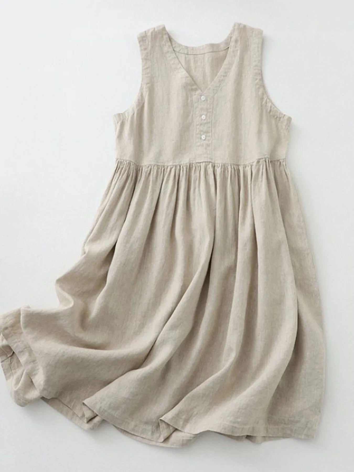 V - Neck Button Detail Sleeveless Midi Dress