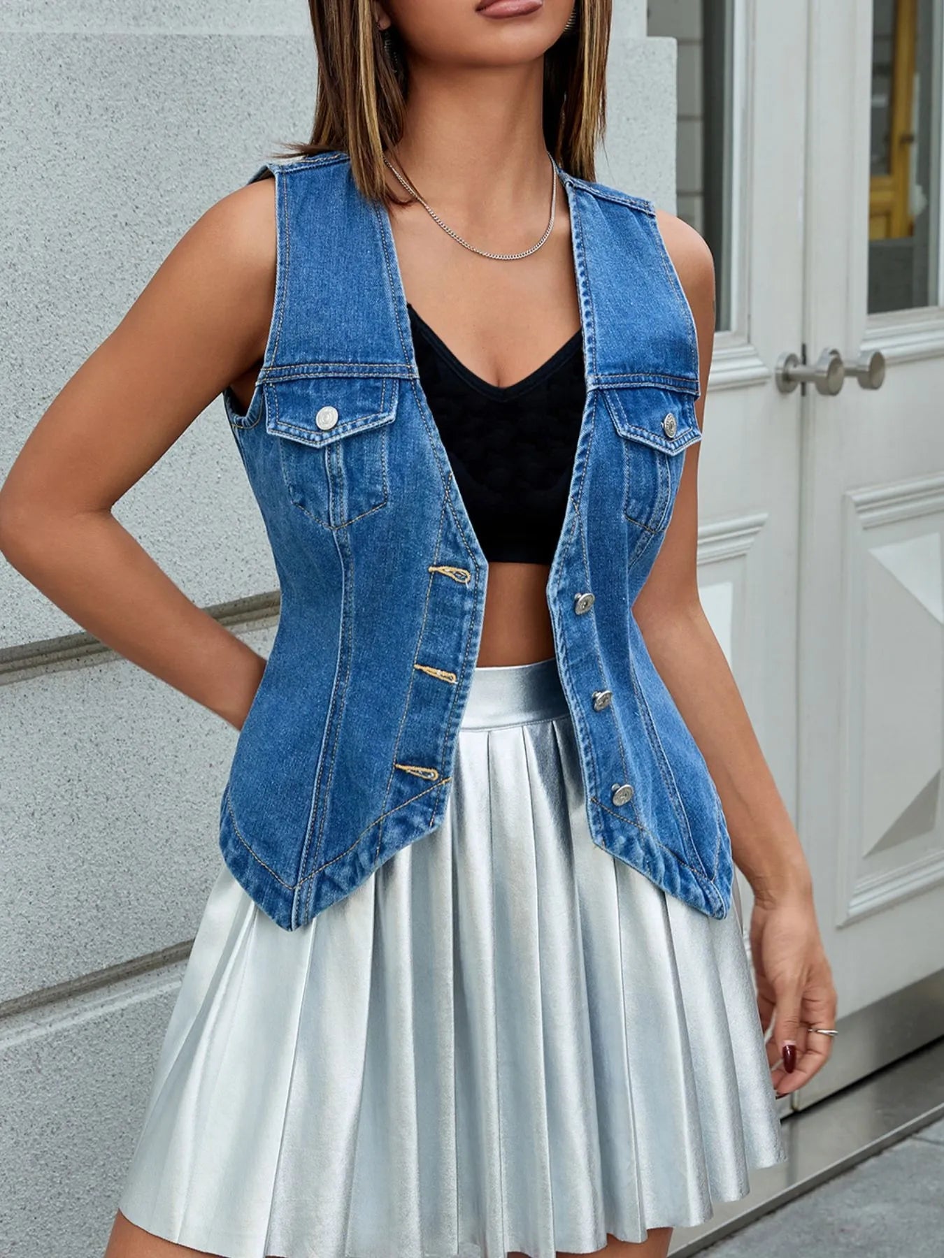 V - Neck Button - Front Denim VestTop