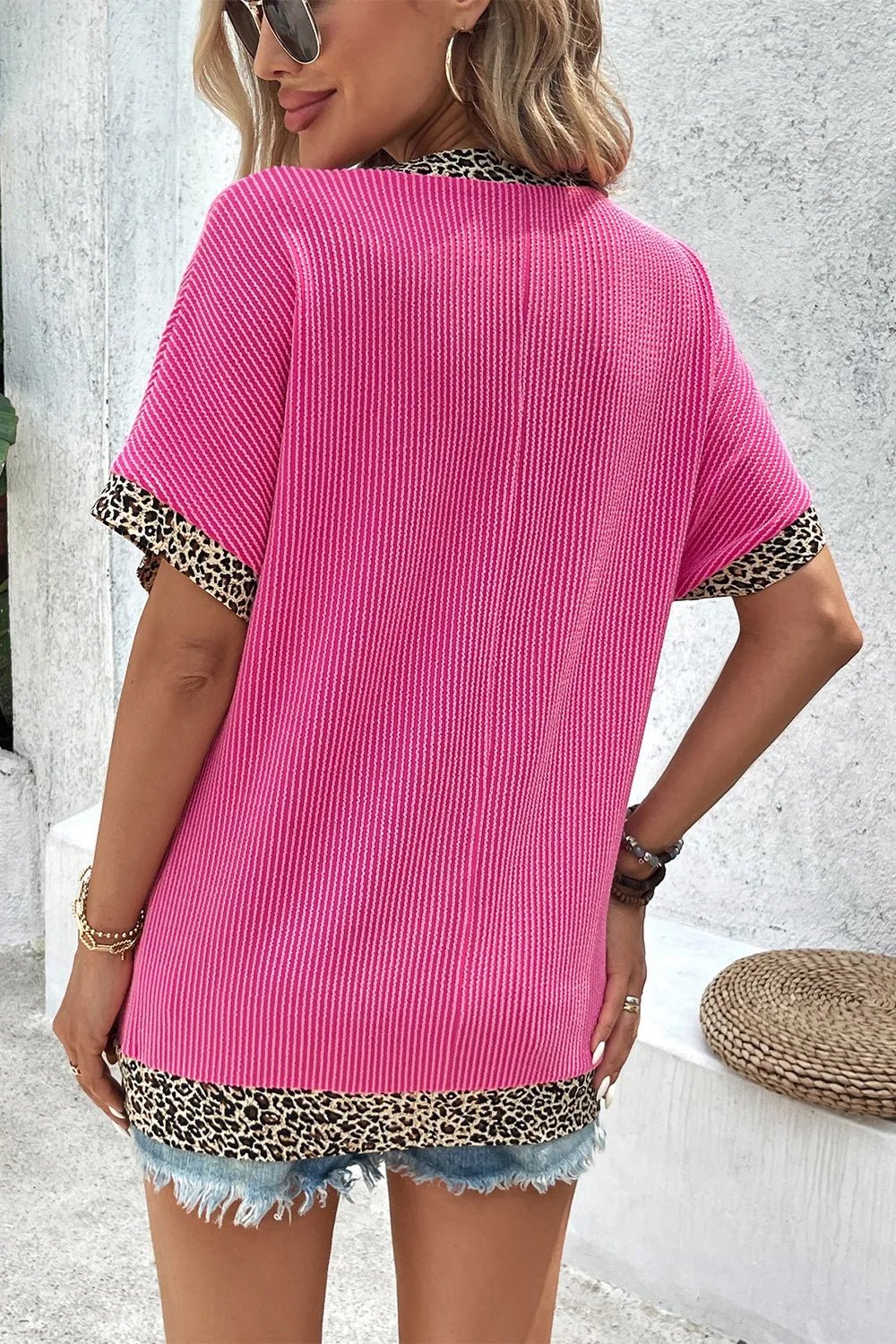 V - Neck Leopard Trim Ribbed Blouse