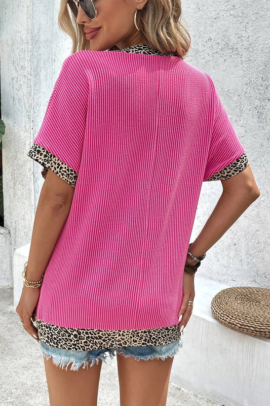 V - Neck Leopard Trim Ribbed Blouse