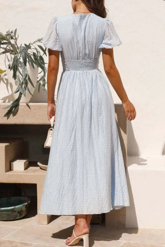 V - Neck Puff Short Sleeve Midi Dress