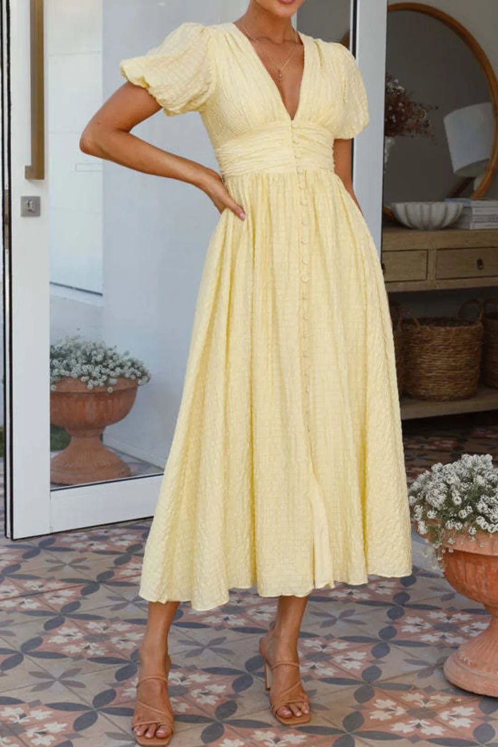 V - Neck Puff Short Sleeve Midi Dress
