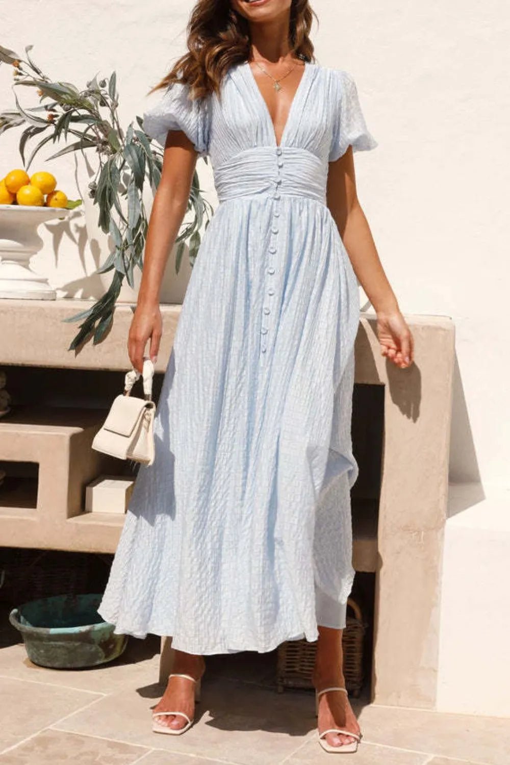 V - Neck Puff Short Sleeve Midi Dress