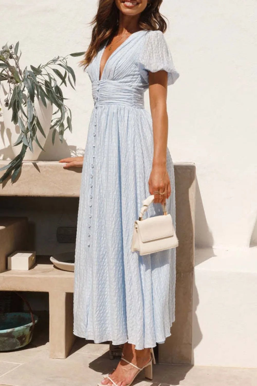 V - Neck Puff Short Sleeve Midi Dress