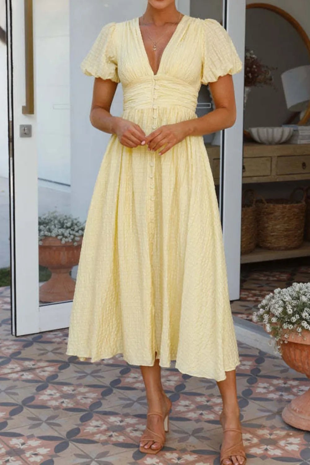 V - Neck Puff Short Sleeve Midi Dress