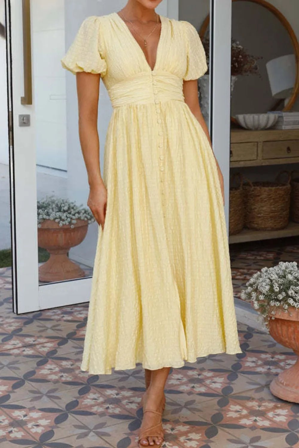 V - Neck Puff Short Sleeve Midi Dress