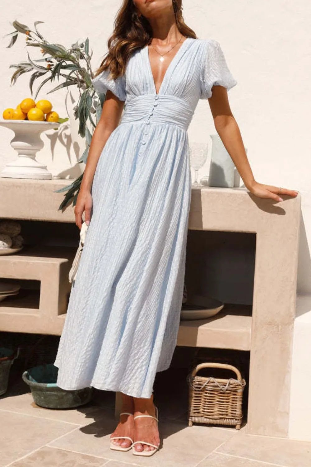 V - Neck Puff Short Sleeve Midi Dress