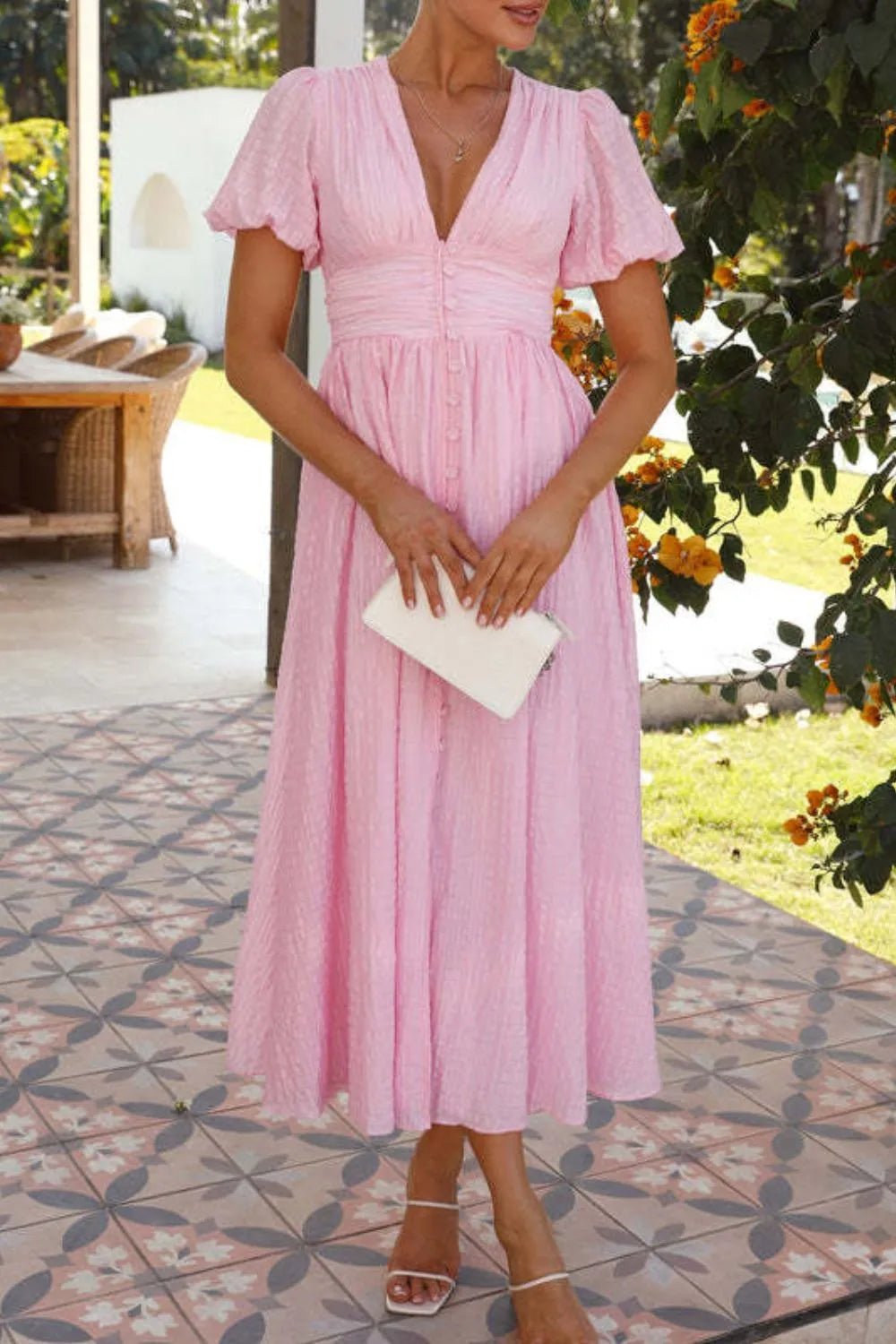V - Neck Puff Short Sleeve Midi Dress