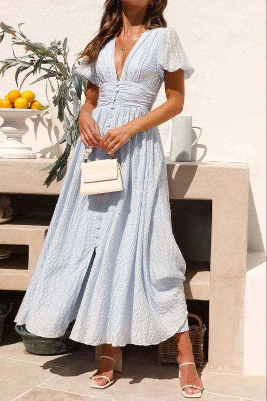 V - Neck Puff Short Sleeve Midi Dress
