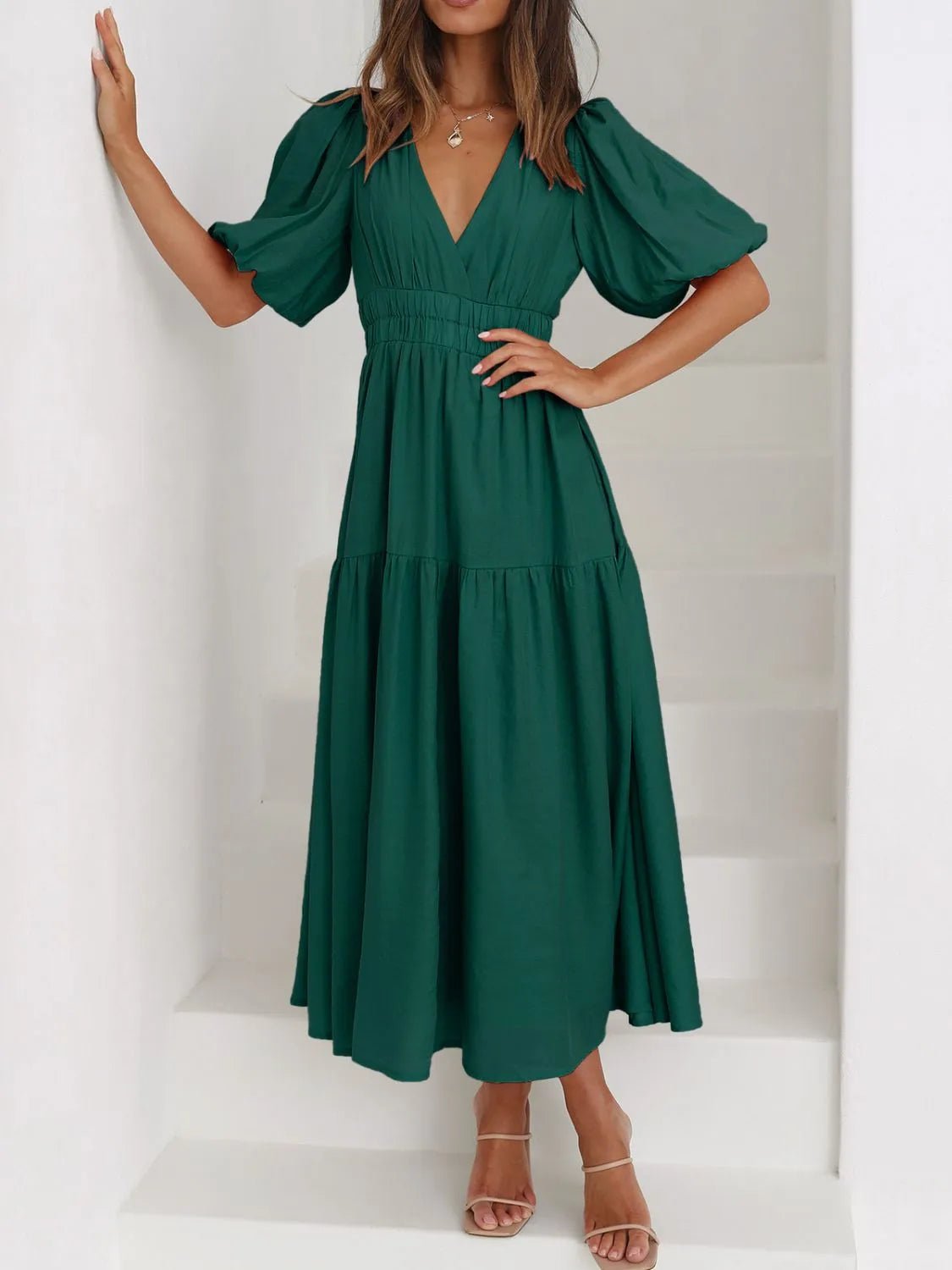 V - Neck Puff Sleeve Midi Dress