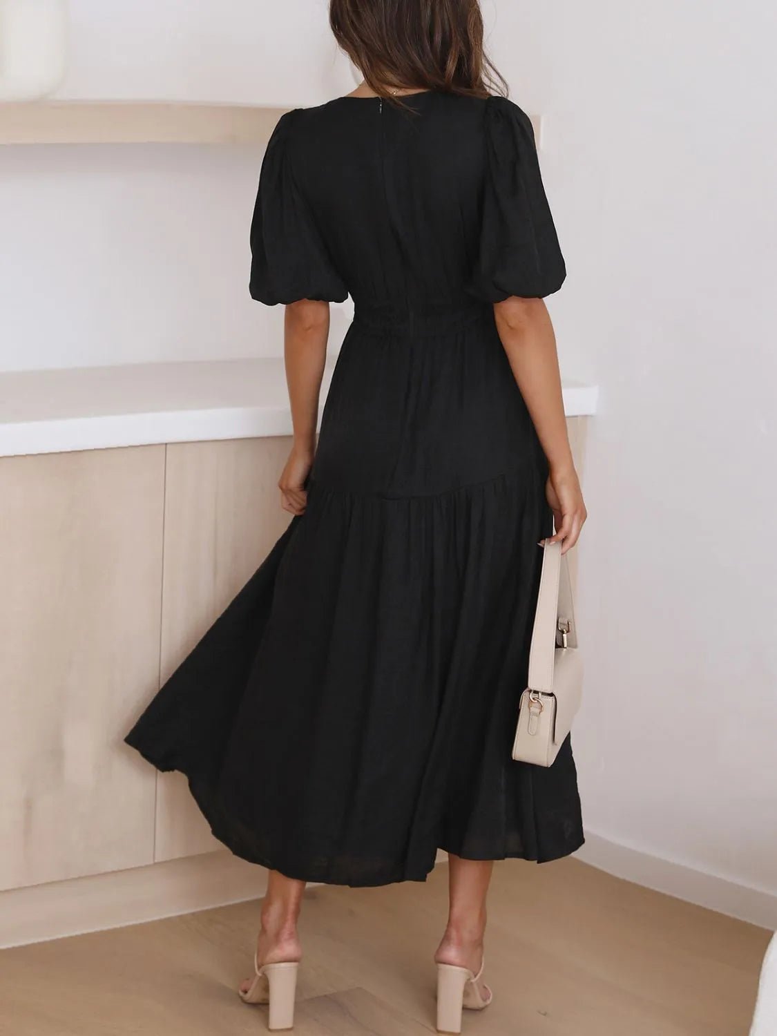 V - Neck Puff Sleeve Midi Dress