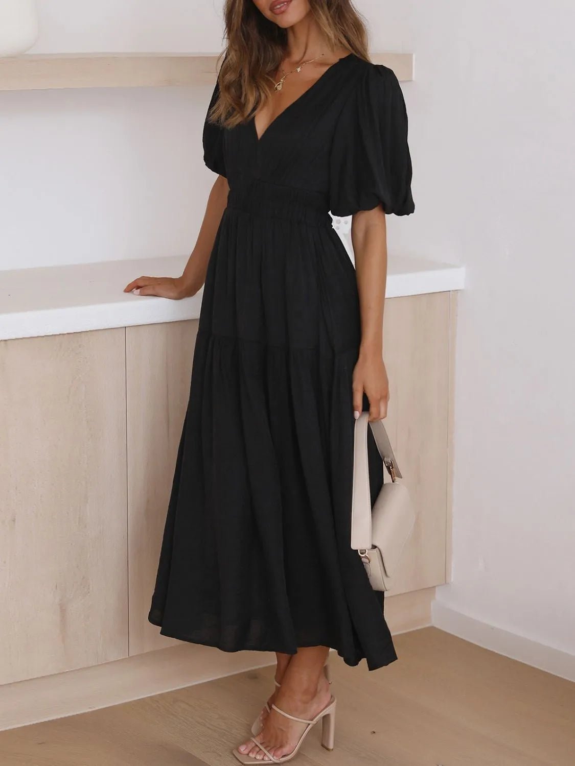 V - Neck Puff Sleeve Midi Dress