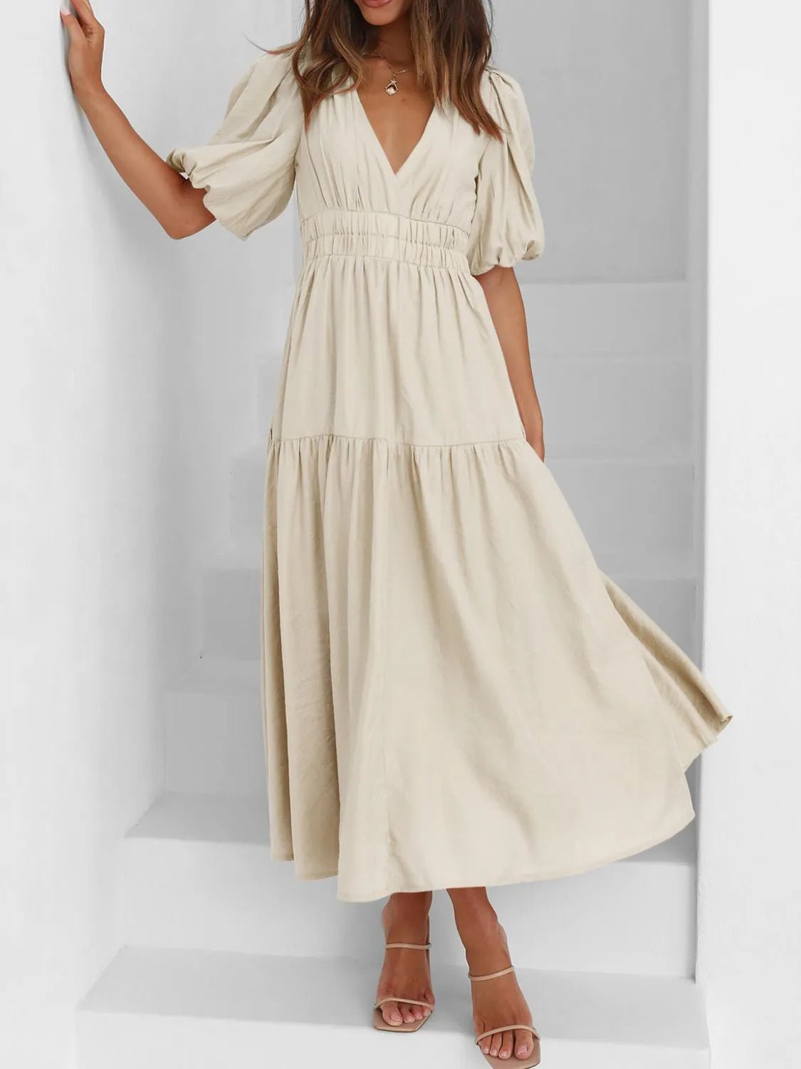 V - Neck Puff Sleeve Midi Dress