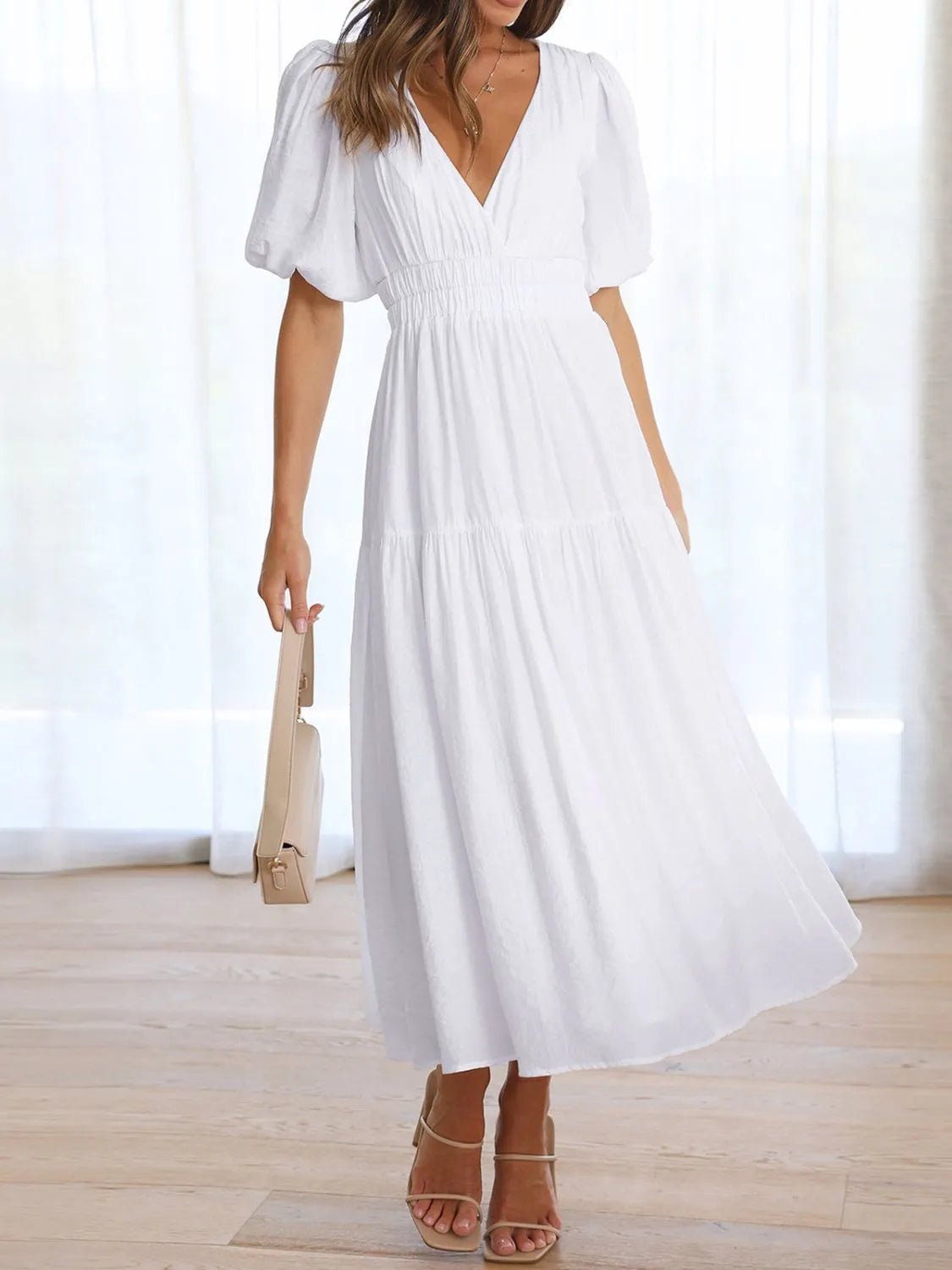 V - Neck Puff Sleeve Midi Dress
