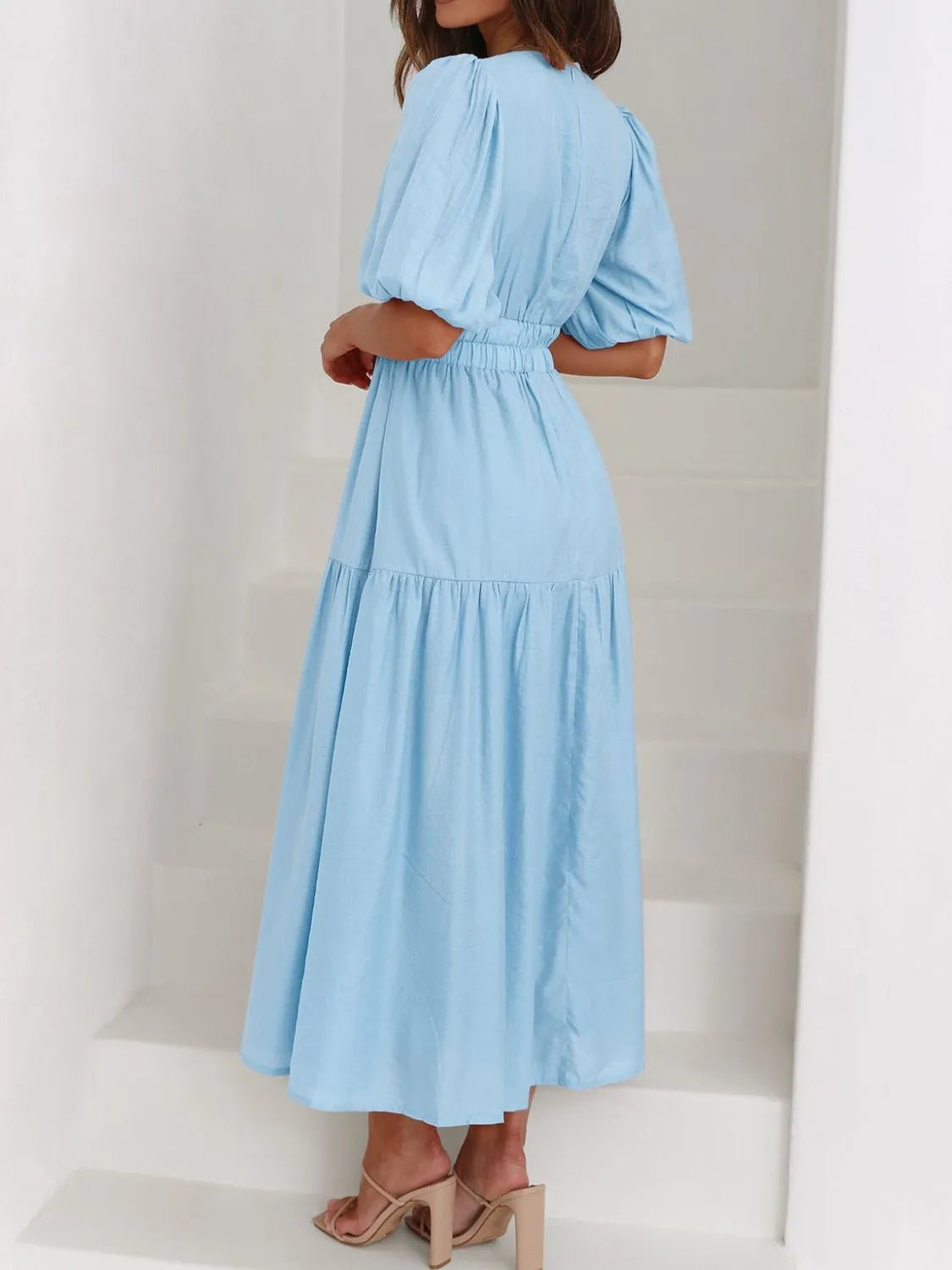 V - Neck Puff Sleeve Midi Dress