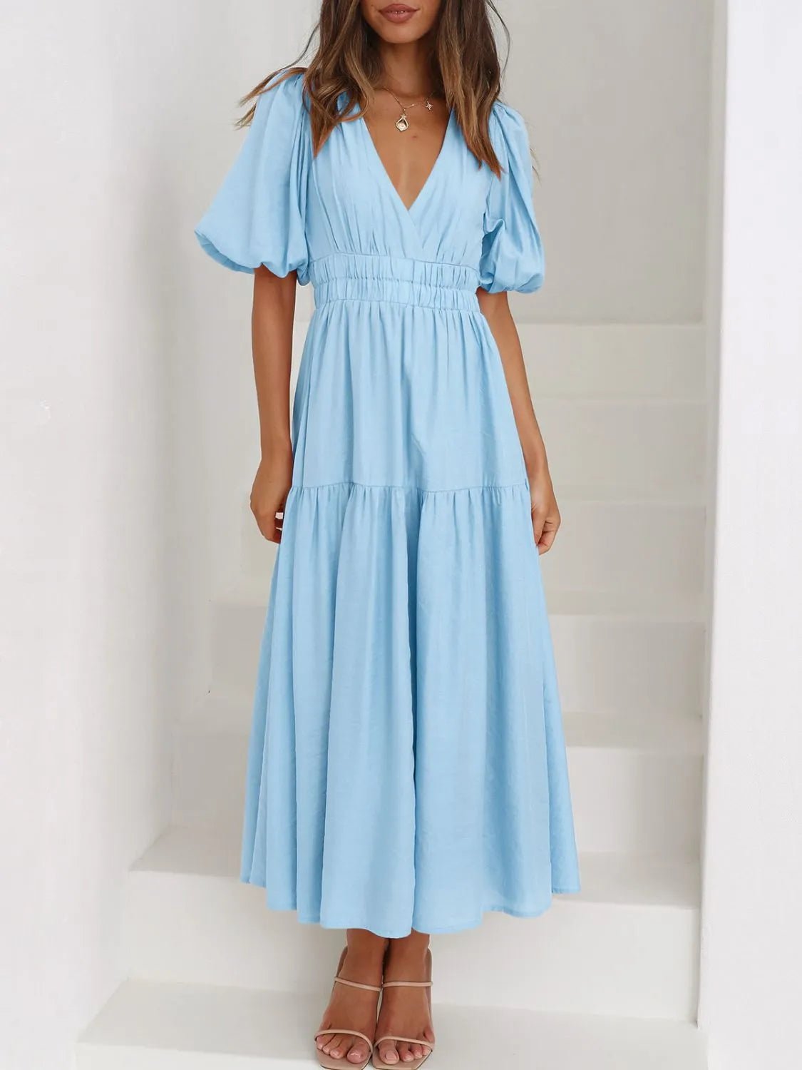 V - Neck Puff Sleeve Midi Dress