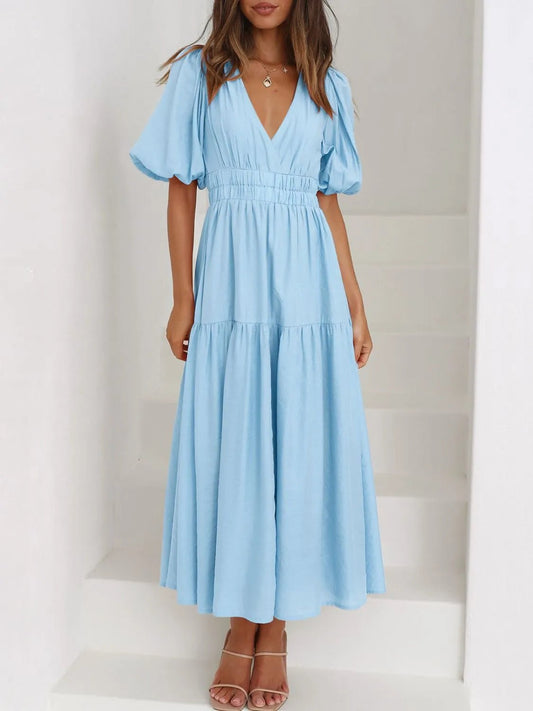 V - Neck Puff Sleeve Midi Dress