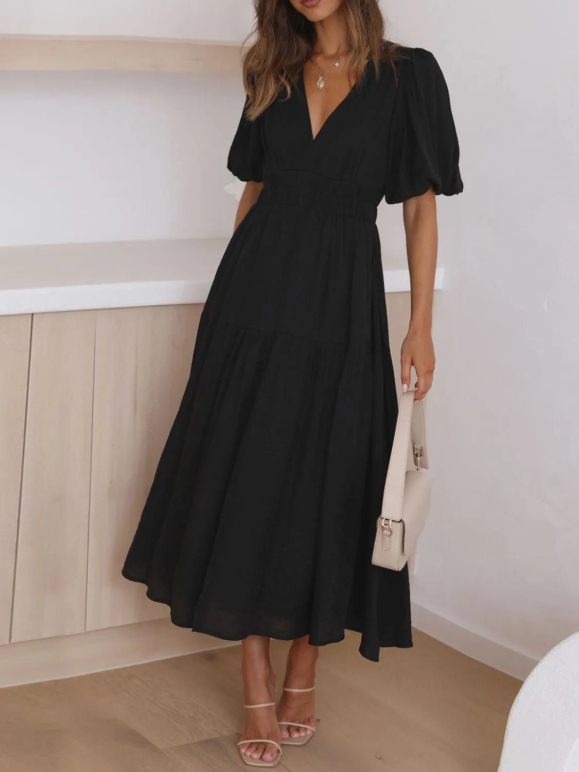 V - Neck Puff Sleeve Midi Dress