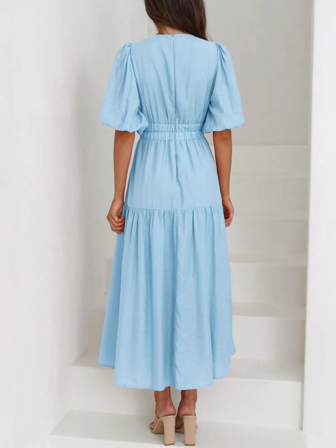 V - Neck Puff Sleeve Midi Dress