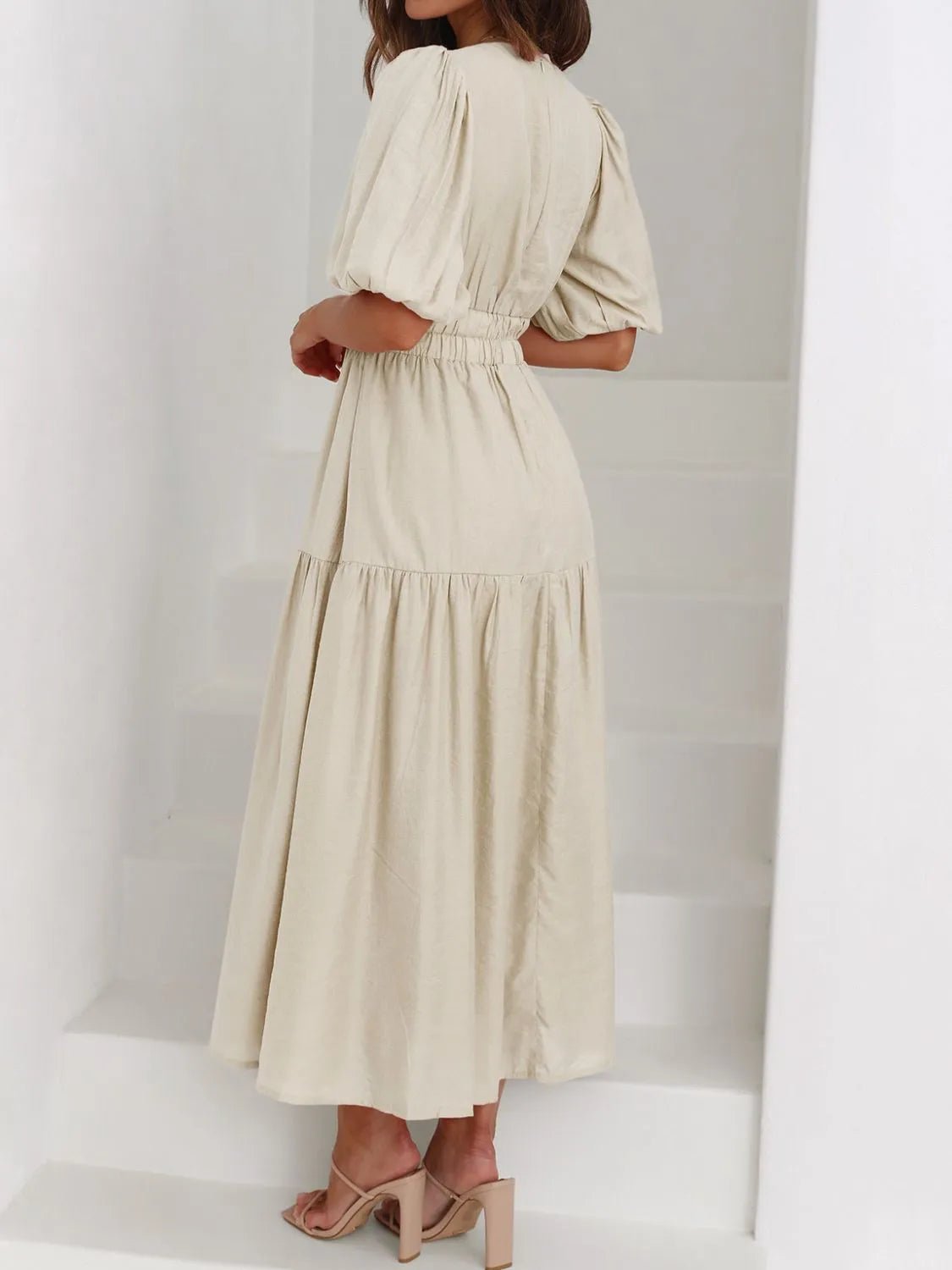 V - Neck Puff Sleeve Midi Dress