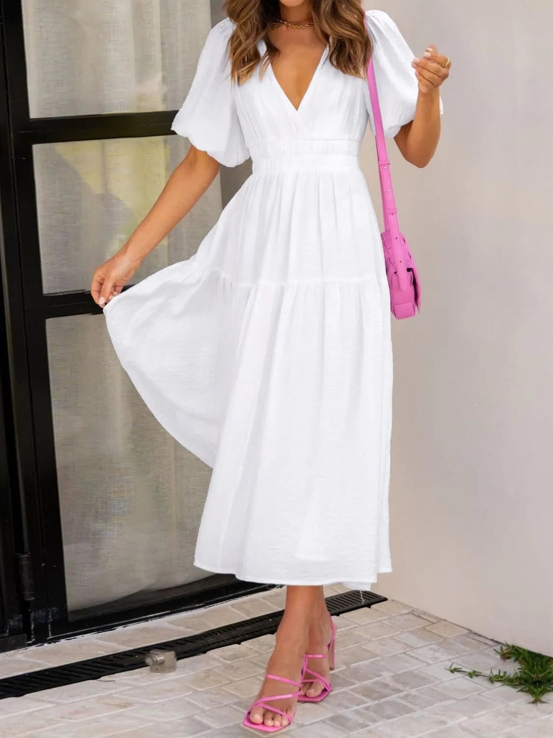 V - Neck Puff Sleeve Midi Dress