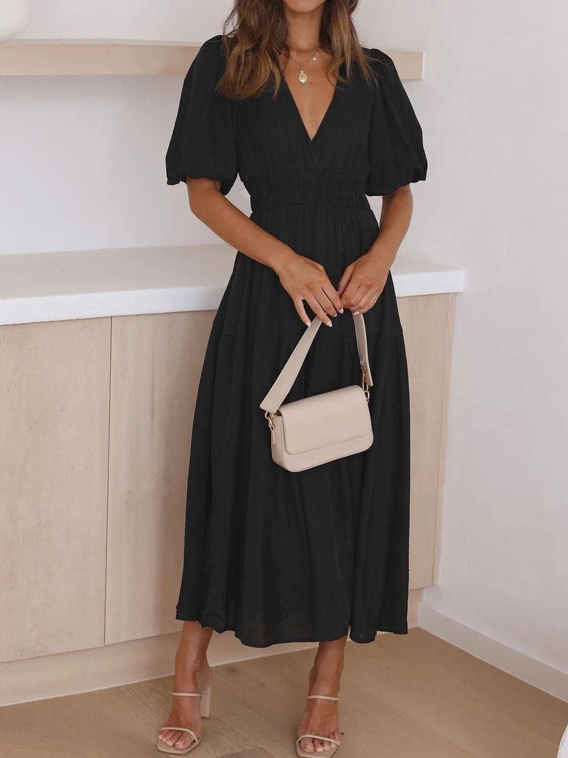 V - Neck Puff Sleeve Midi Dress