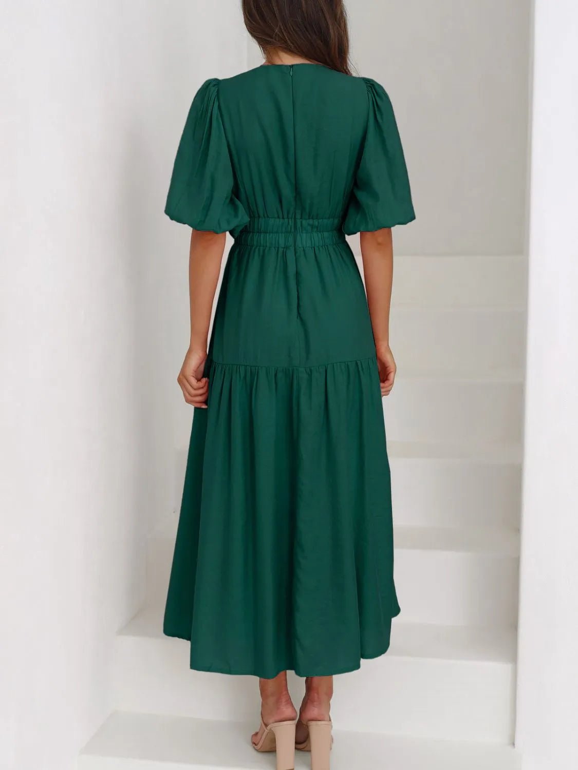 V - Neck Puff Sleeve Midi Dress