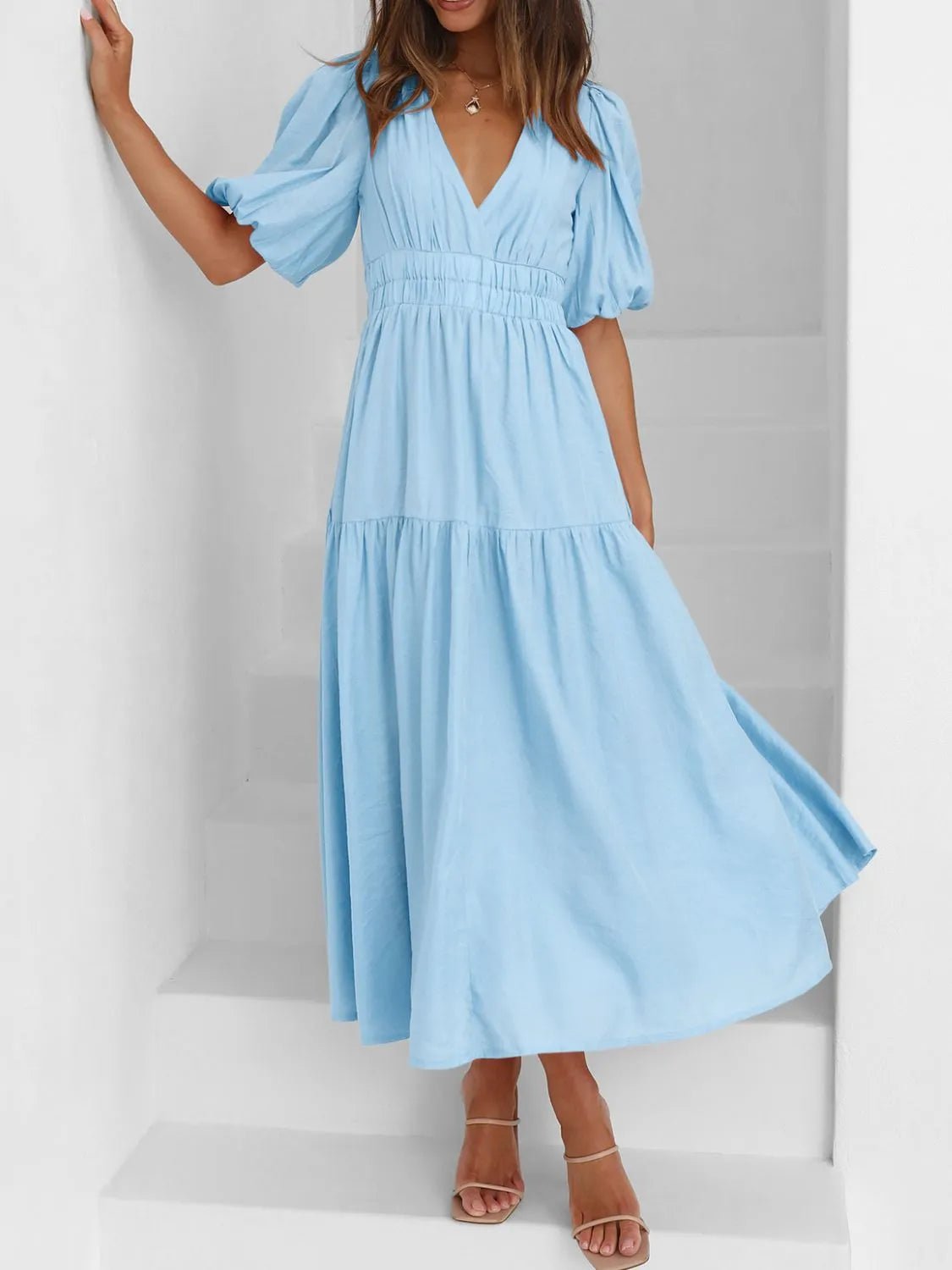V - Neck Puff Sleeve Midi Dress