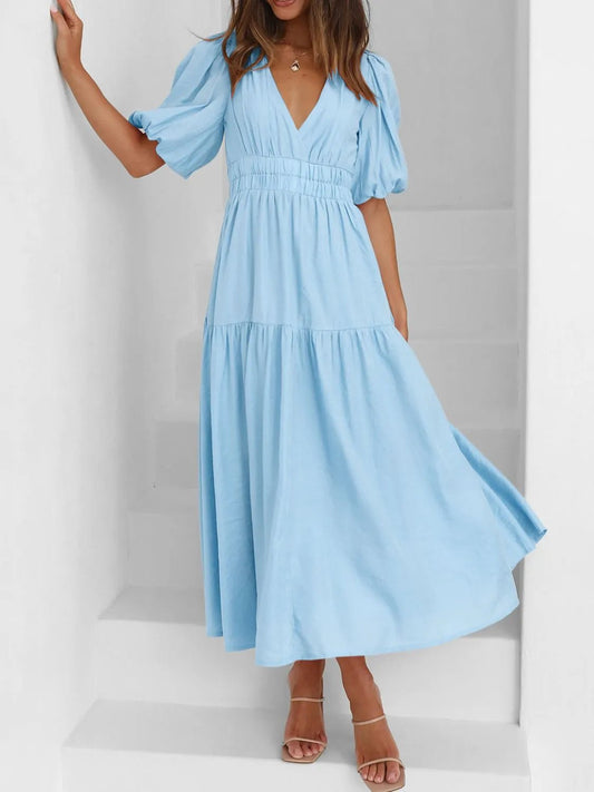 V - Neck Puff Sleeve Midi Dress