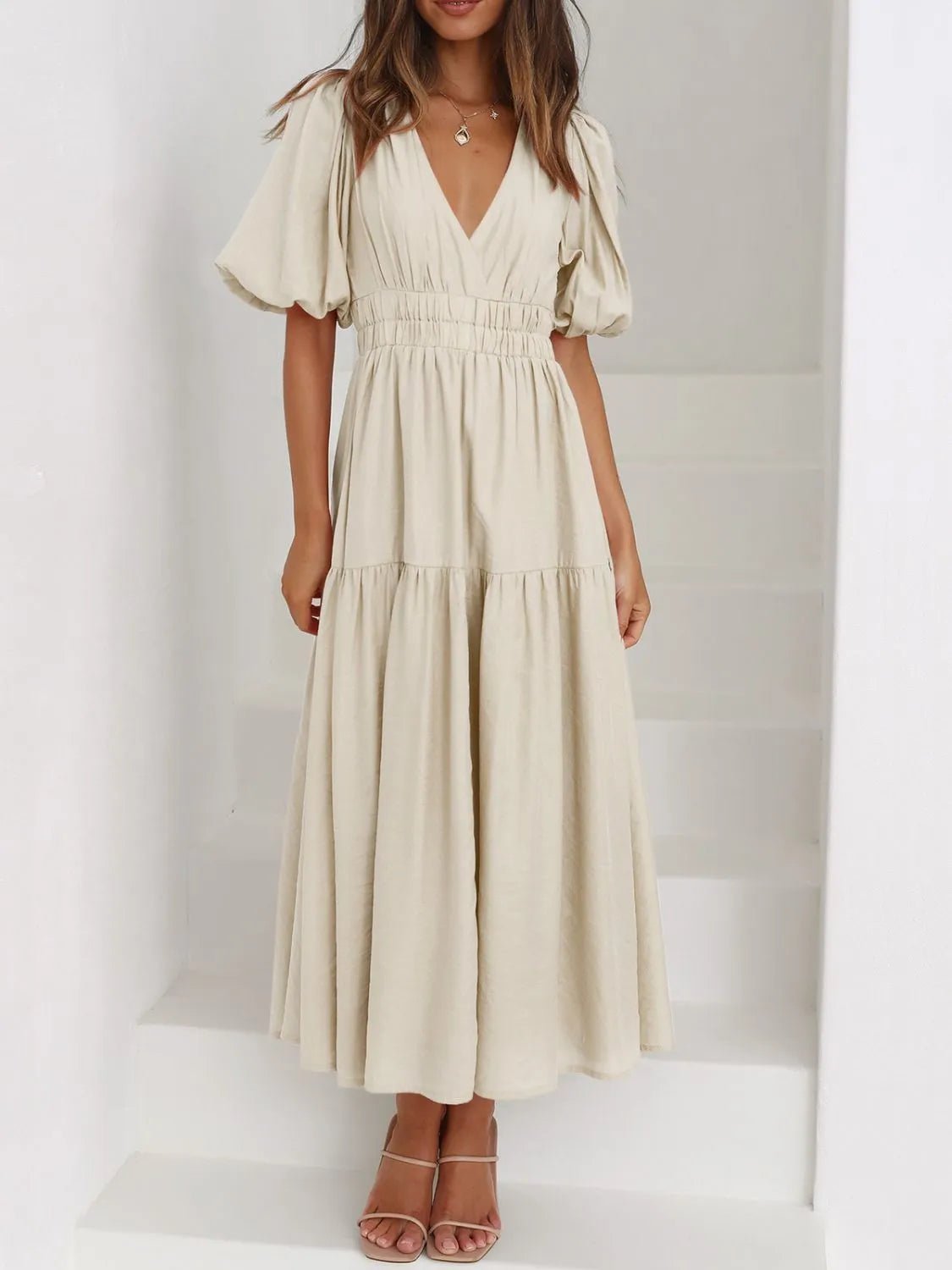 V - Neck Puff Sleeve Midi Dress