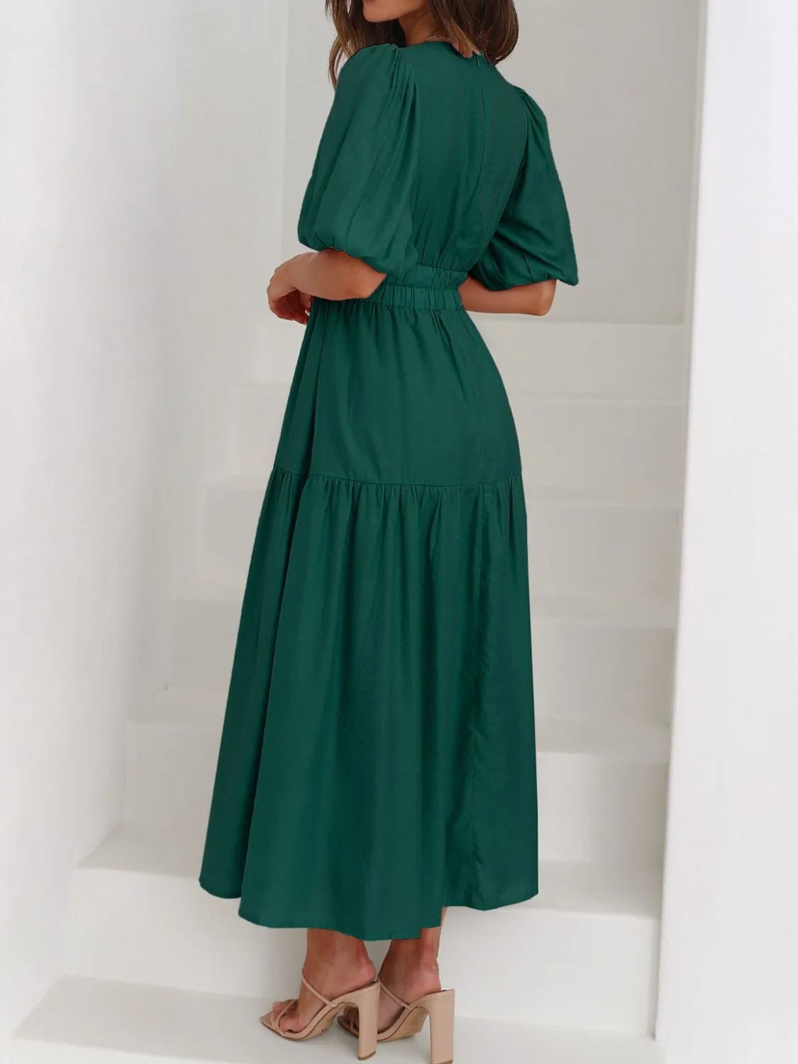 V - Neck Puff Sleeve Midi Dress
