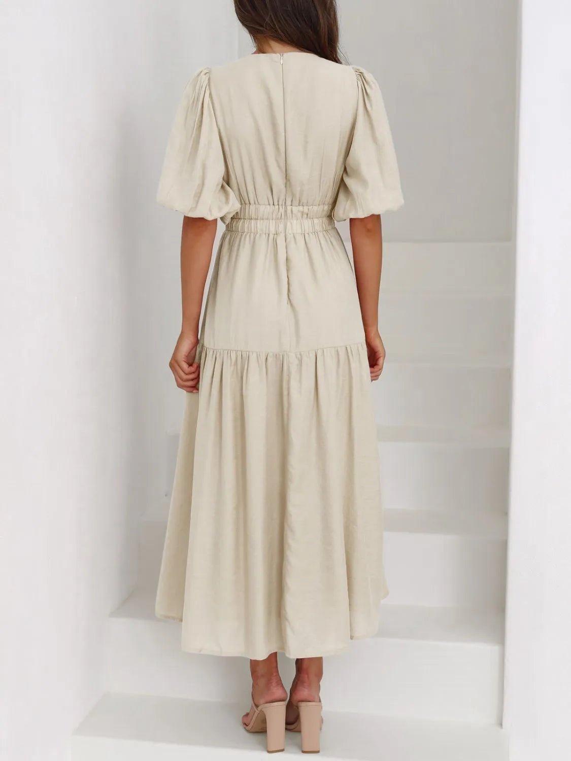 V - Neck Puff Sleeve Midi Dress